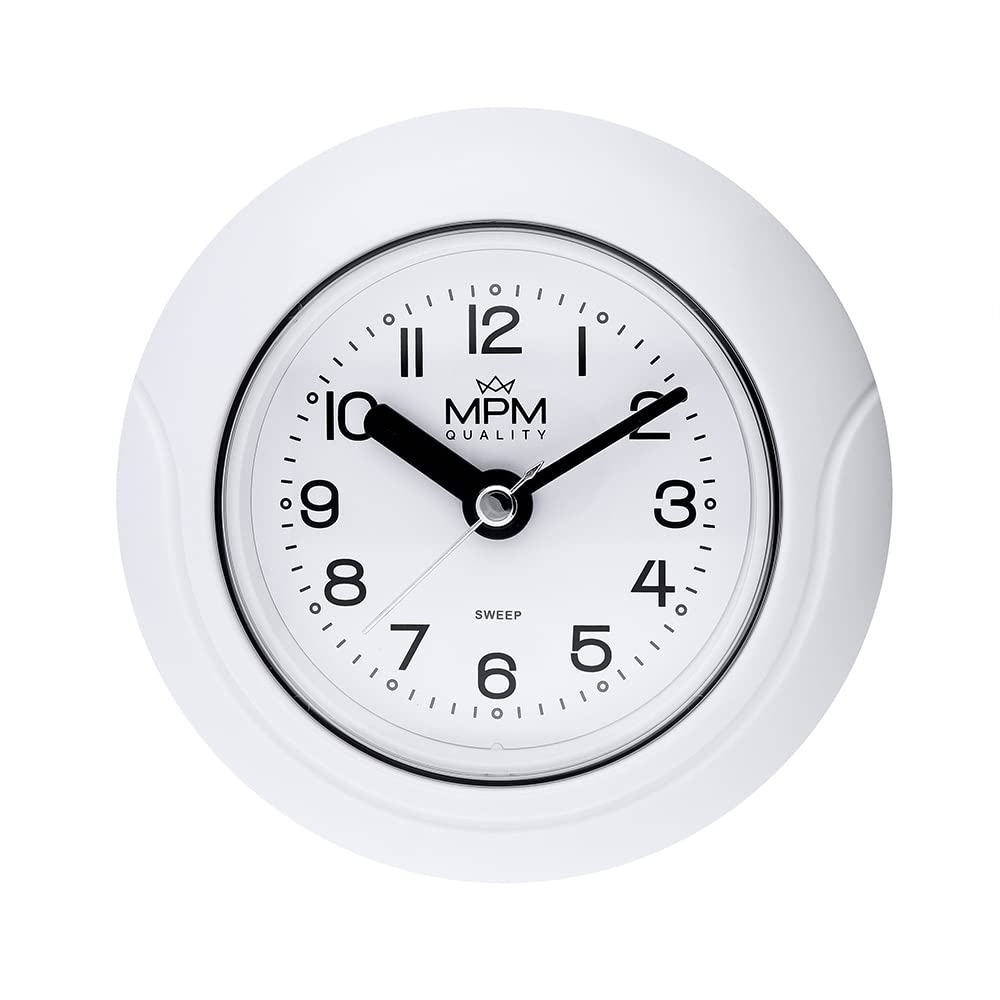MPM Quality Design Badezimmer-Uhr aus Kunstoff, Quarz-Uhrwerk Sweep, 3-5 ATM Wasserdicht, Weiß, Ø 135 mm, geeignet auch für Außenbereich und als Badezimmeruhr, Pooluhr, Küchenuhr