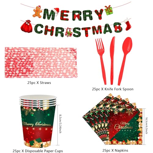 Temeisi SD-CJ Christmas Disposable Plates Set, 25 Set Christmas Disposable Plates For Party, Napkin Cutlery Plate Straws Tablecloth Banners For New Year Party Supplies Christmas Decor thumb #5