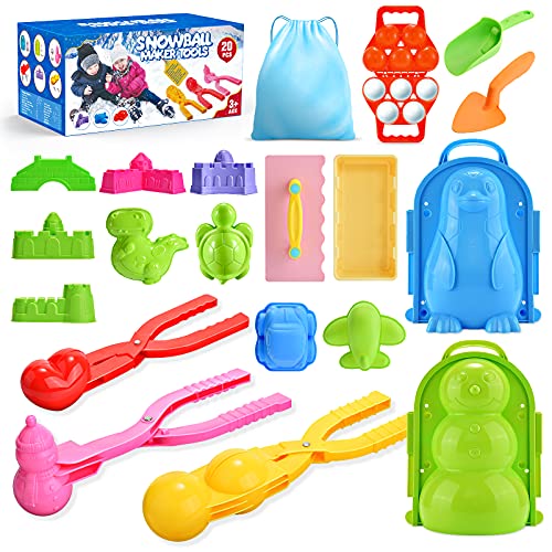 Snowball Maker Snow Toys for Kids: 20PCS Snow Ball Maker with Carrying Bag Snowman & Penguin Snow Mold for Snow Games, Sand Toys and Snow Toys for Kids Outdoor Fun