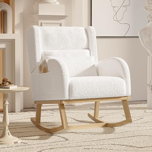 YLSZHY Fauteuil à bascule en polaire pour chambre d'enfant, coussin lombaire, pieds en bois massif, poches latérales, canapé simple de loisirs moderne pour...