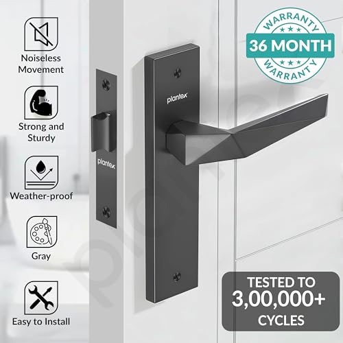 Image of Plantex Heavy Duty Door Lock - Bathroom Door Lock /Mortise 8inch Keyless Plate Handle Set for Home /Bathroom /Store Room /Balcony /Office with Baby Latch (8129- Grey)