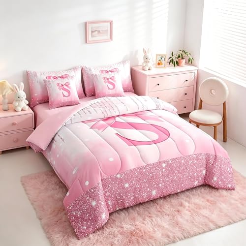 Image of Feelyou Boys Girls Pink Bowknot 7 Pieces Bedding Set Twin Size, Personalized Initial S Bed in A Bag Kids Princess Glitter Comforter Set with Sheets Bow Monogrammed Teens Bed Set Bedroom Decor 7Pcs