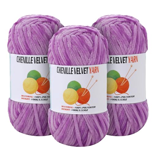 Image of 3 * 100g Velvet Chenille Chunky Yarn for Crocheting, Handcrafts Weaving Soft Chenille Yarn for Crocheting Clearance, Used for Making Baby Yarns Blanket, Clothes, Knitting Creations (Light-Purple)