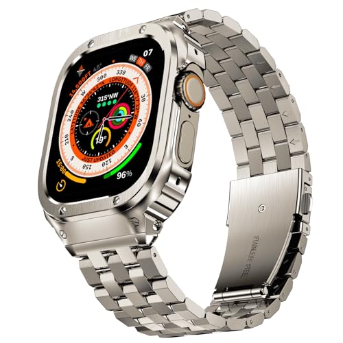 Image of SUPLINK Stainless Steel Case with Bands Compatible with Apple Watch Ultra 2 Band / 1 / Apple Watch Ultra 3 Band 49mm, Metal Rugged Protective Bumper Adjustable Strap for iWatch Bands Men(Titanium Color)