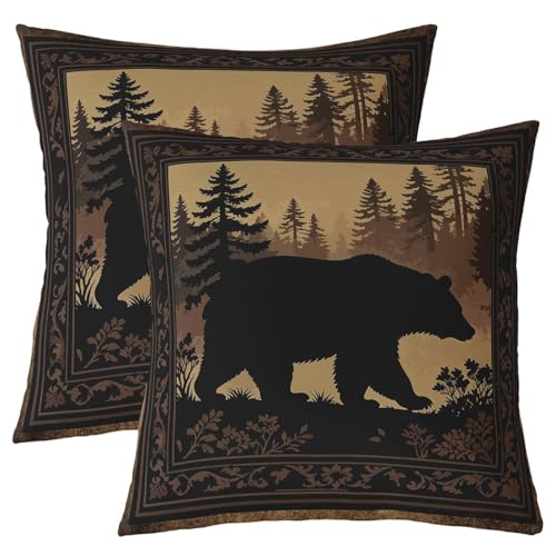 Manfei Funda de almohada rústica con diseño de oso de cabaña de doble cara para decoración de habitación de niños y niñas, funda de cojín para cama, sofá, 2 unidades de 24 x 24 pulgadas