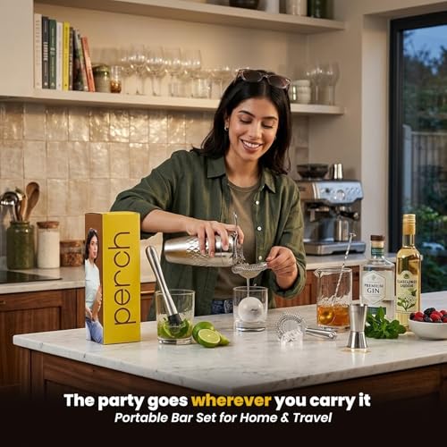 Image of O' Holic by Perch Craft 6-Piece Stainless Steel Bartender Kit|Premium Cocktail Shaker Set with Jigger 30 /60ml, Spoon,Ice Tong, & Bar Tools|Professional Bar Set for Home &Tour Parties|Silver