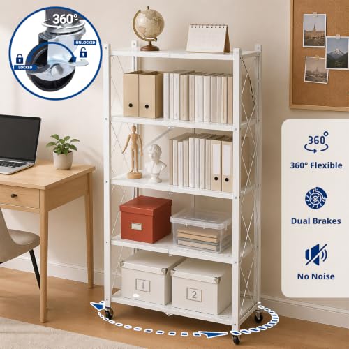 Image of 5 Tier Foldable Storage Shelf with Wheels, Heavy-Duty Metal Shelving Unit, No Assembly Book Shelf Rolling Storage Rack for Garage, Kitchen, Pantry, Closet, Exhibition, Office Decor, White