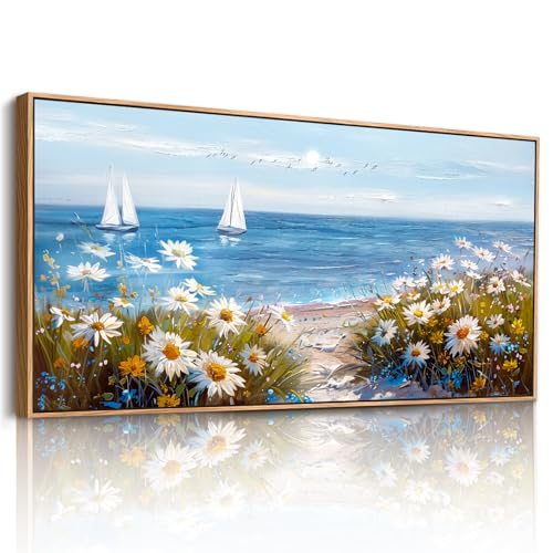 JHHUAMO Quadri Moderni Soggiorno Grandi, Quadro su Tela con Cornice, Stampe da Parete di Barca a Vela sul Mare, Arte Decorativa Murali Floreale Naturali per Camera da Letto Salotto Ufficio 50x100 cm