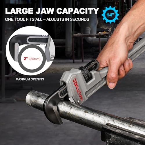 Image of HAUTMEC 14 Inch Aluminum Straight Pipe Wrench, Adjustable Plumbing Wrench, 2 inch Jaw Capacity, Heavy Duty Plumbing Pipe Wrench, for Pipes, Tees, Ball Valves and Other Objects HT0021-PW