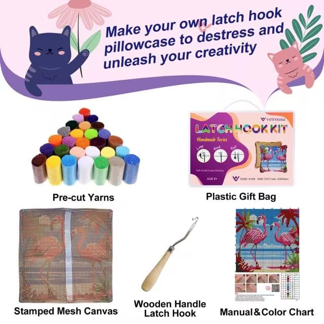 Image of veirousa Flamingos Latch Hook Kits for Adults, Beginners DIY Hooked Pillow Kit Pre-Printed Pillowcase Hook and Latch Rug Kits Cross-Stitch Cushion Cover for Home Sofa Decoration 17x17 inch