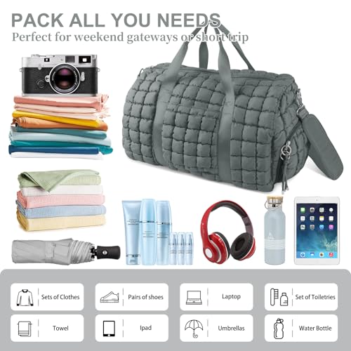 Image of Quilted Travel Duffle Bag Gym Bag for Women,Large Puffer Duffle Weekender Bag with Compartment,Workout Overnight Carry on Organizer Bag Duffle Bag for Airplane Travel(L-Grey)