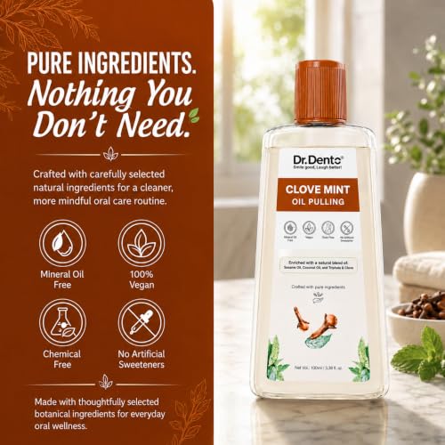 Image of Dr.Dento Clove Mint Oil Pulling | Ayurvedic Kavala (Gargling) Gandusha (Oil Holding) Oral Detox | Sesame, Coconut & Clove Oil Blend | Alcohol-Free & Vegan | Fresh Breath & Healthy Gums (100ml)