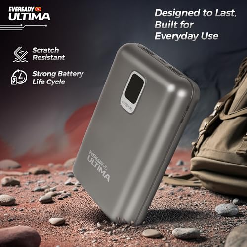 Image of Eveready Ultima Power Bank PB 21, 20,000mAh, 22.5W Fast Charging, Dual Output, USB-C & USB-A, Overcharging Protection, Compatible with iPhone, Android & Qi Devices, Includes Cable & Warranty, Grey