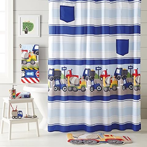 dream FACTORY Trains and Trucks 4-Piece Shower Curtain, Towels, Bath Rug Accessories Set, Grey Cover
