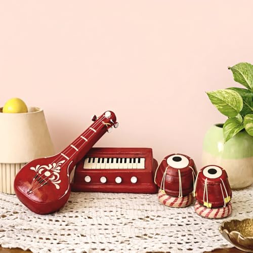 Image of Premium Terracotta Clay Miniature Musical Instruments Combo | Handmade Clay Tabla Veena Harmonium Showpiece for Home Decor, Return Gift, Table Decoration, Indian Handicraft (Large)