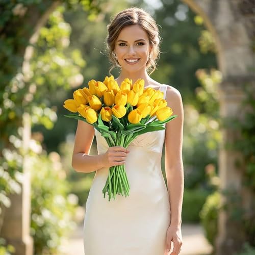 Image of 20Pcs Stems 13.5 Inch Yellow PU Artificial Moisturizing Tulips, Faux Tulips Flowers for Thanksgiving Christmas Decorations Wedding Home Table Vase Floral Arrangements