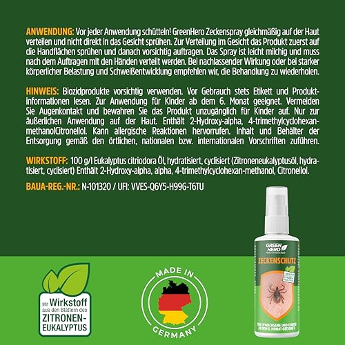 Green Hero Zeckenspray schützt zuverlässig vor Zecken, Mücken & Moskitos 100ml Zeckenschutz mit dem gut duftendem Wirkstoff EC-Öl, geeignet für Erwachsene und Kinder ab dem 6. Monat