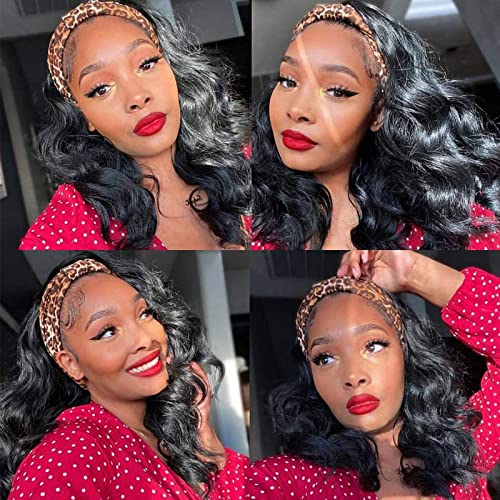 MENTOR Headband Wigs for Women Human Hair Glueless Body Wave 180% Density 10A Brazilian Virgin Human Hair None Lace Front Wigs 16 Inch Long Wavy Curly Machine Made Wigs Human Hair Natural Color