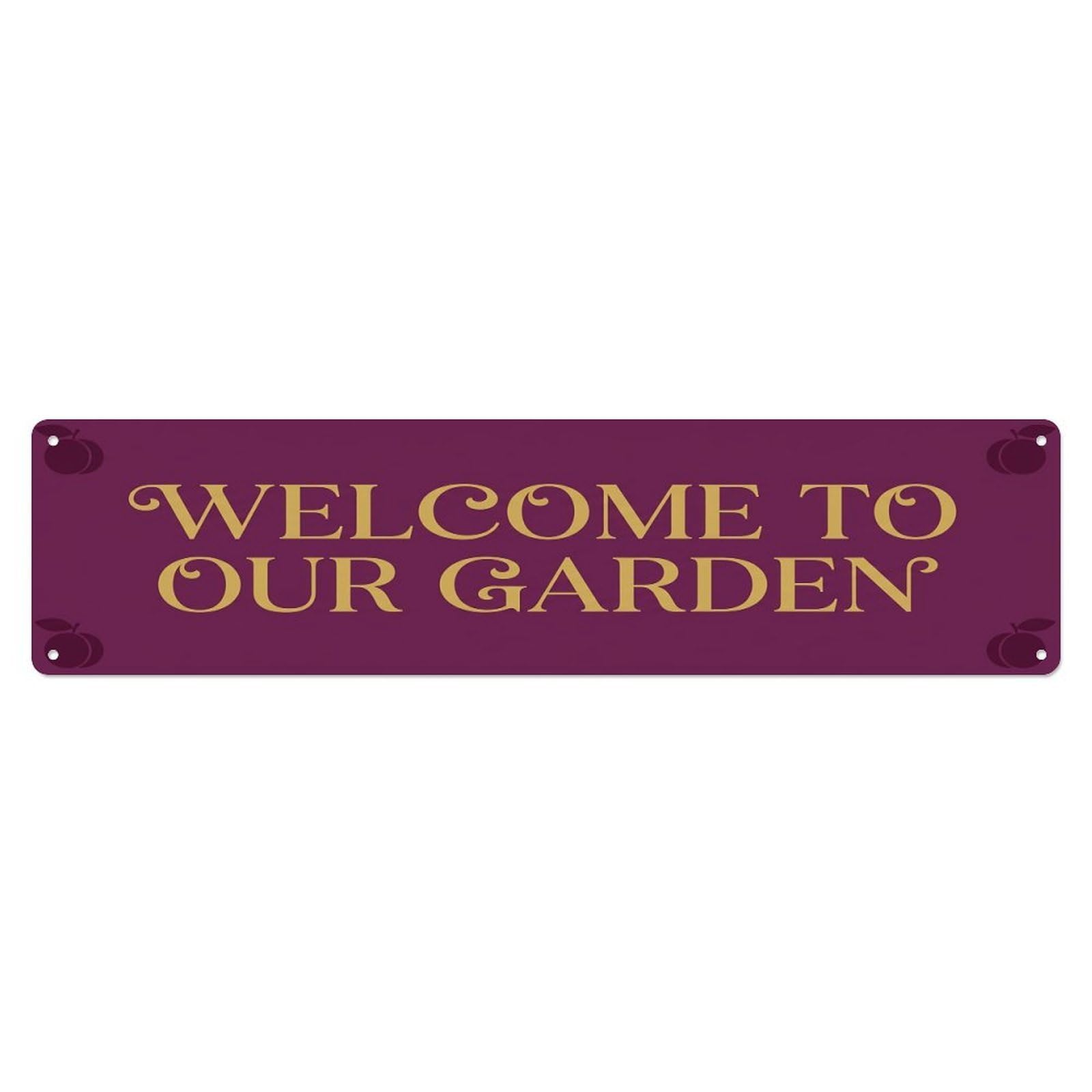 Vintage Welcome to Our Garden Plum Purple Metal Tin Sign