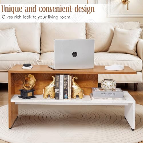 Image of ABOUT SPACE Coffee Table - Portable Wooden Centre Table with Partition Storage - DIY Furniture - Sofa Tea Poyee for Living Room, Home, Office (White & Teak - L 90 x B 40 x H 43 cm)