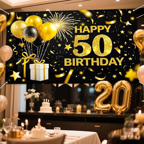 Fondo feliz 50º cumpleaños 71x43 pulgadas negro y dorado miniatura 4