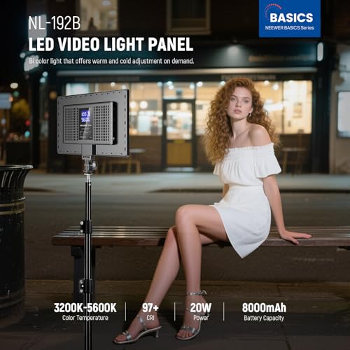 Image of NEEWER Basics 13 inch LED Video Light Panel, 20W Ultra Thin Bi Color Dimmable DSLR Camera Soft Photo Key Lighting for Streaming Studio Photography Podcast Recording, 8000mAh /3200-5600K /CRI97+, NL-192B