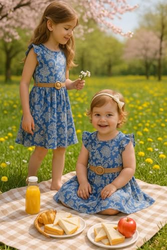 PATPAT Little Big Girls Dress Vintage Boho Floral Ruffle Short Sleeve Casual Swing Dress with Braided Belt3