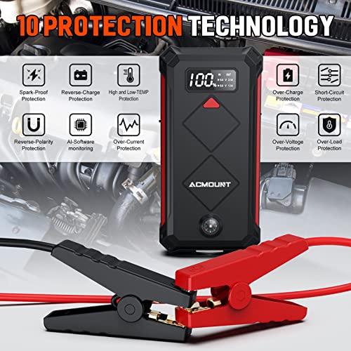 Acmount P100 Car Jump Starter, 5000A Peak Lithium Jump Starter Battery Pack for Up to 10.0L Gas or 8.0L Diesel Engine, Safe 12V Portable Battery Starter Power Pack with LED Screen & LED Light - Image 5