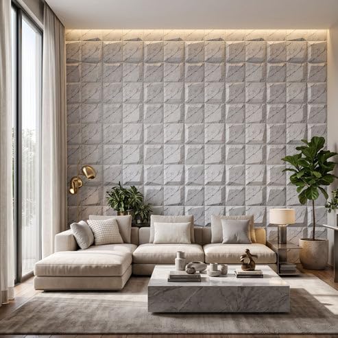 Image of Kayra Decor 3D PVC Wall Panels for Bedroom & Living Room | Cube Design | Imperial White Color | 19.7 x 19.7 Inch | Pack of 40 | 107.6 Sq Ft