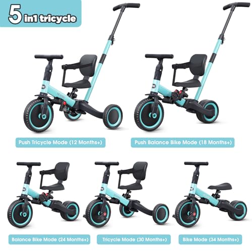 Image of newyoo Tricycles for 1-3 Year Olds, Toddler Bike, Birthday Gift and Toy for Boys and Girls, Toddler Tricycle with Parent Push Handle, Trike with Backrest and Safety Belt, Blue, TR007