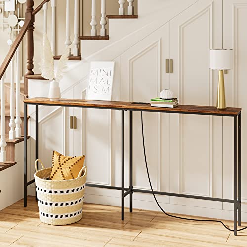 Image of Masupu 63 Inch Console Table with Power Outlet,Modern Narrow Long Sofa Table Behind Couch,Skinny Entry Table with Gold Metal Frame for Entryway,Living Room, Hallway,Rustic Brown
