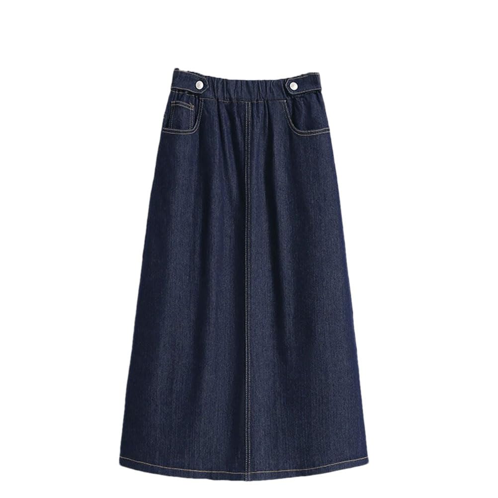 Damen-Jeansrock, Patchwork, Stretch, hohe Taille, Knöpfe, A-Linie, locker, lässig, klassisch, wadenlang