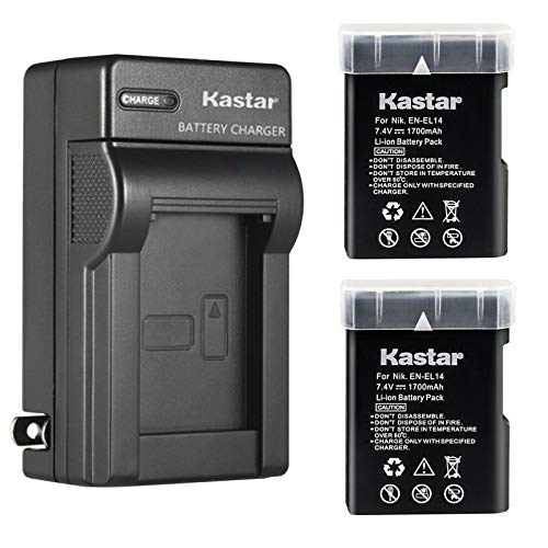 Kastar 2-Pack EN-EL14 Battery and AC Wall Charger Replacement for Nikon EN-EL14a, EN-EL14b, EN-EL14 Battery, Nikon MH-24a, MH-24 Charger, Nikon D3500 DSLR Camera, D5100 DSLR Camera, D5200 DSLR Camera