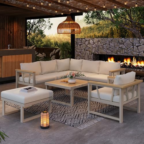 Yihomfy Canapé d'angle pour Jardin 7 Places avec Accoudoirs en WPC et Structure en Acier...