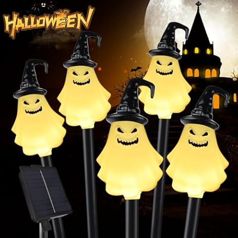 Outdoor Halloween Decorations, 5 Pack Solar Pathway Lights, 3D Ghost Lights with 8 Modes, Waterproof Solar Halloween Stake Lights for Yard/Garden/Lawn/Party Decor Cover