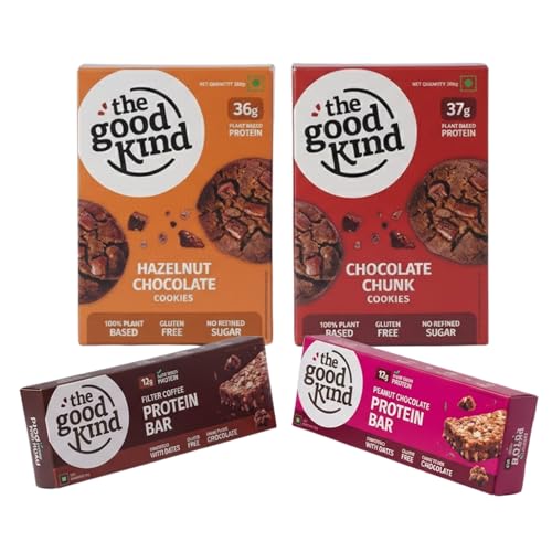 Image of The Good Kind Hazelnut Chocolate (1 Pack), Chocolate Chunk Cookies(1 Pack), Protein Bar (2 Pack)- 200gm, High Protein Cookies with Almond Butter & Millet Flour, Perfect for Snacking, Gluten Free, Vegan & Palm Oil free ( Pack of 4 )