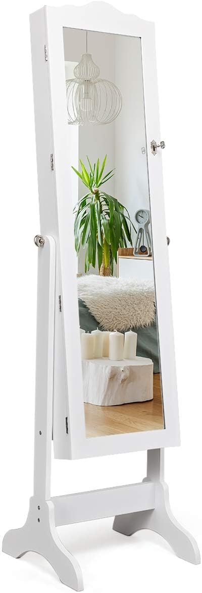 GOPLUS Armoire à Bijoux, Armoire a Bijoux avec Miroir sur Pied, Organisateur de Bijoux avec 4 Angle d'Inclinaison, Grand Armoire de Rangement Verrouillable pour Femmes, Filles (Blanc)