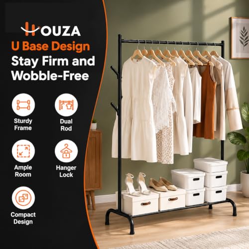Image of HOUZA Heavy-Duty Garment Stand Cloth Rack with Bottom Storage Shelf & 4 Side Hooks | Freestanding Clothes Hanging Stand, Rack for Clothes Storage & Cloth Rack for Bedroom & Entryway (Black)