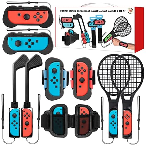 Aedcbaide 10 in 1 Switch Sports Accessories Kit for Nintendo Switch, Family Sports Game Kit Somatosensory Set for Joycon Mario with Controller Grips, Tennis Rackets, Golf Clubs, Wrist & Leg Straps (2) Cover
