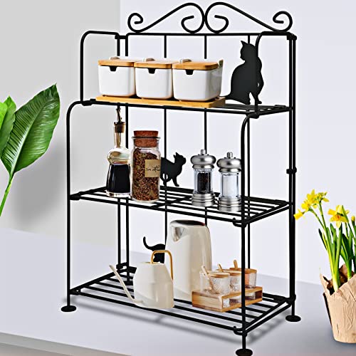 Estantería de metal para especias de 3 pisos con diseño de gato, para cocina, baño y dormitorio, sin necesidad de taladrar, para plantas pequeñas, 44 x 28 x 14 cm, color negro Cover