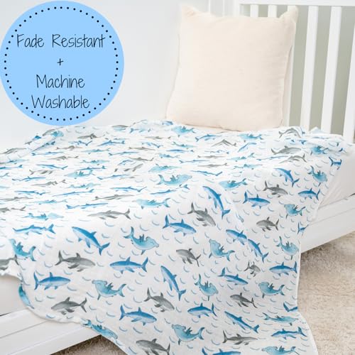 Image of LollyBanks Baby Blanket for Boys, 100% Cotton Muslin Swaddle Blankets, 47 x 47 Inches Soft and Breathable Receiving Blankets, Cozy Newborn Swaddle, Baby Essentials, Registry (Shark Print)
