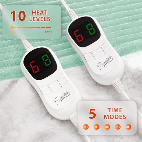Image of Homemate Electric Heated Blanket Queen Size - 84 inchx90 inch Heating Blanket Queen Size Dual Control 1 /2 /4 /6 /8 Hours Auto-Off 10 Heat Level Over-Heat Protection Soft Flannel Sherpa ETL Certification