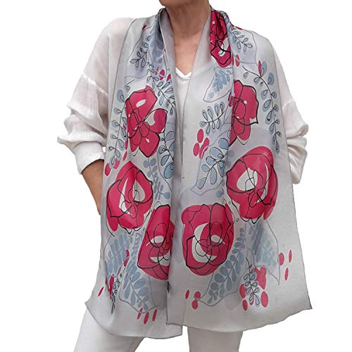 Long Silk Scarf, Artistic Hand Painted and Printed in Blue and Pink, Floral Chiffon Shawl, Designer Lightweight Scarves for Women Dress, Fashion Birthday Gift for Her4