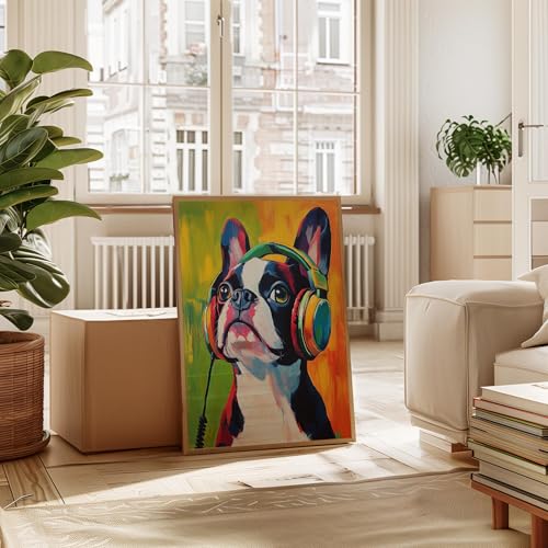 Image of Boston Terrier Music Headphone Wall Art Print Poster, Dog Pet Lover Picture Painting Artwork Bedroom Living Room Office Dining Room 150D (Boston Terrier Music Headphone, 11 inchW x 14 inchL, Wood Frame)
