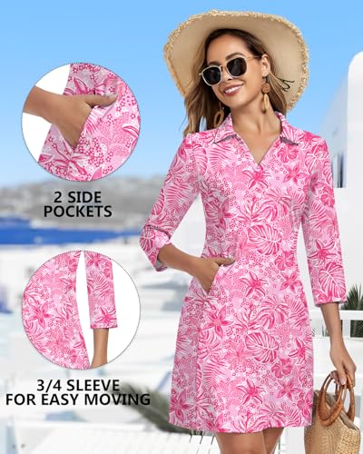 Image of WOWENY 3 /4 Sleeve Dress for Women with Pockets V Neck UPF 50+ Casual Sun Dress Breathable Quick Dry Beach Vacation