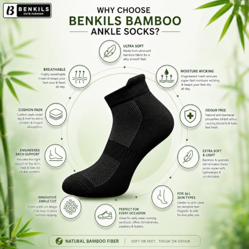 Image of BENKILS Bamboo Ankle Socks for Men & Women | Ultra-Soft, Odour-Free and Breathable | Padded Base and Anti-bacterial | 3X Softer than Cotton | Free Size Regular Socks.