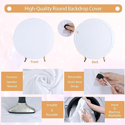 Gallety 7.2FT White Round Backdrop Cover with Size Adjuster & 4 Metal Clips, Universal Fit for 5ft-7.2ft Circle Stand, Polyester Fabric Arch Cover for Wedding, Birthday Party, Videos Photography Decor - image 2