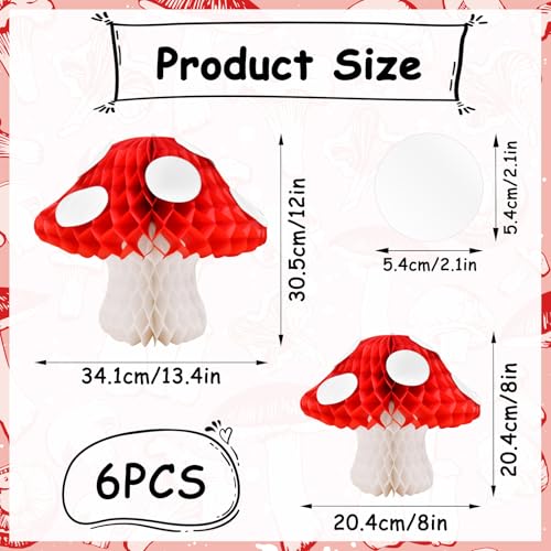 6-Pack Red Mushroom Honeycomb Centerpieces – 3D Paper Toadstool Table Decorations for Woodland Forest Theme Birthday Baby Shower Fairy Party Supplies (2 Sizes) by Gistome - Used condition - Image 2