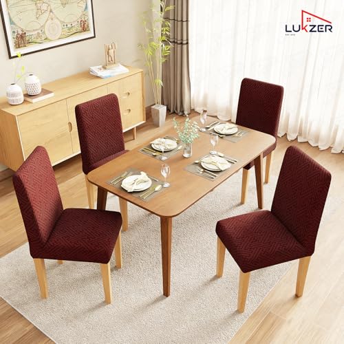 Image of Lukzer Elastic Dining Chair Cover - 2PC Pastel Deep Maroon Grid Maze | Textured High Stretch Jacquard Seat Cover | Removable Washable Short Dining Chair Cover Protector Seat Slipcover | (CC-109-2)
