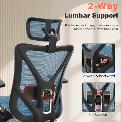 Image of GABRYLLY Ergonomic Office Chair - 135 Reclining Desk Chair with Adjustable Lumbar Support, 3D Armrest, Large Headrest & Heavy Duty Steel Base, 300LBS Mesh Task Chair, Navy Blue